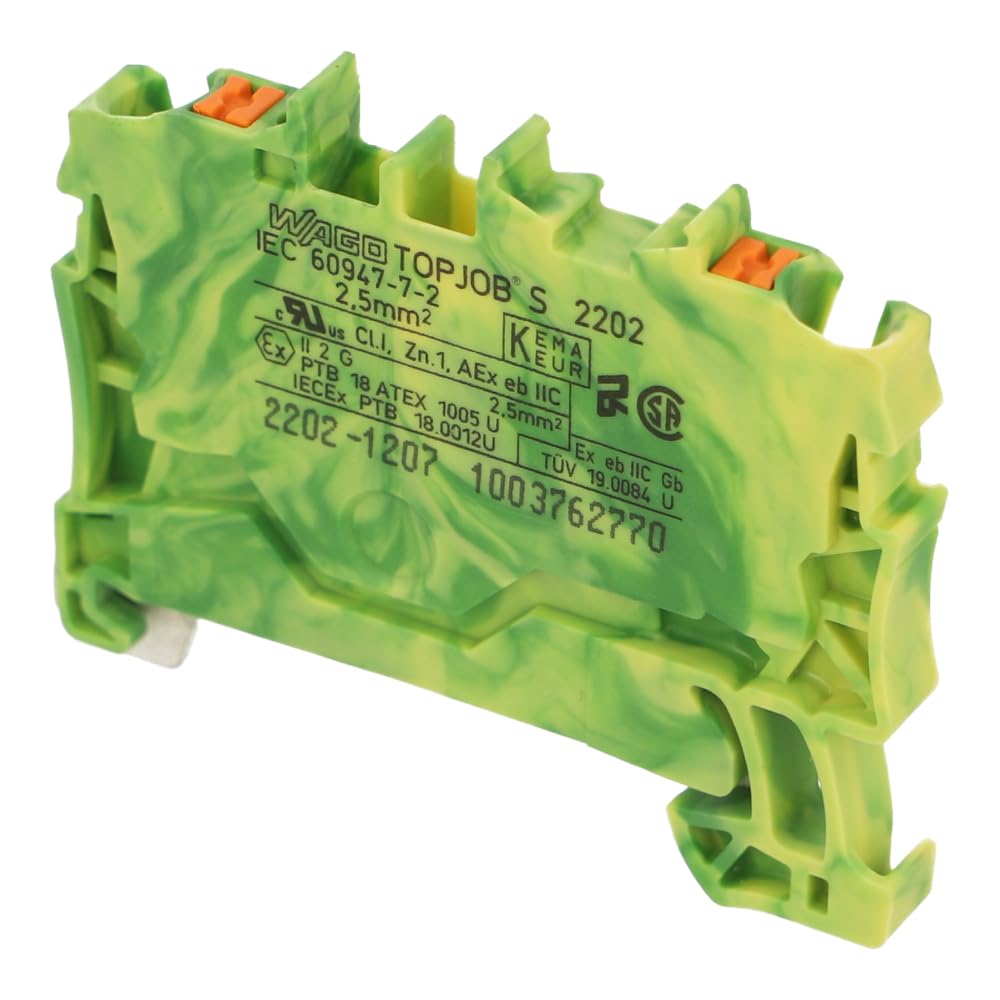 WAGO 2202-1207 - Morsetto per conduttori di protezione, 5,20 mm, 100 pezzi, colore verde, giallo.
