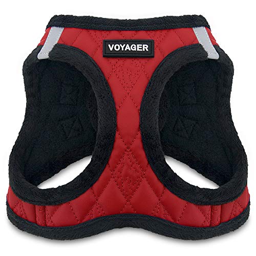 Best Pet Supplies - All Weather Mesh/Plush, Reflective, No Pull Harness for Small, Medium Dogs, Cats - Secure with Hook & Loop Fastener, Buckle, Double D-Rings - Red Faux Leather, L