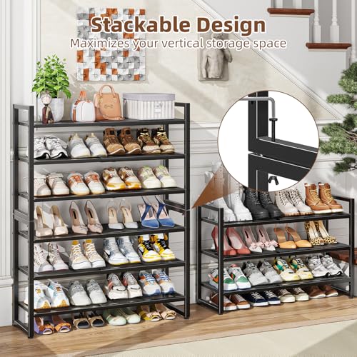 Image of Simple Trending 3-Tier Expandable Shoe Rack, Adjustable & Stackable Shoe Organizer, Metal Mesh Free Standing Shoe Shelf Storage for Closet Entryway Doorway, Black
