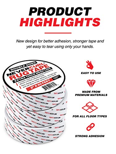 Iprimio Nevercurl Double Sided Extra Thick Rug Tape With Mesh Fabric - 2" By 60 Feet Roll - Anti Slip Non Skid Gripper Tape For Rugs #TOP4