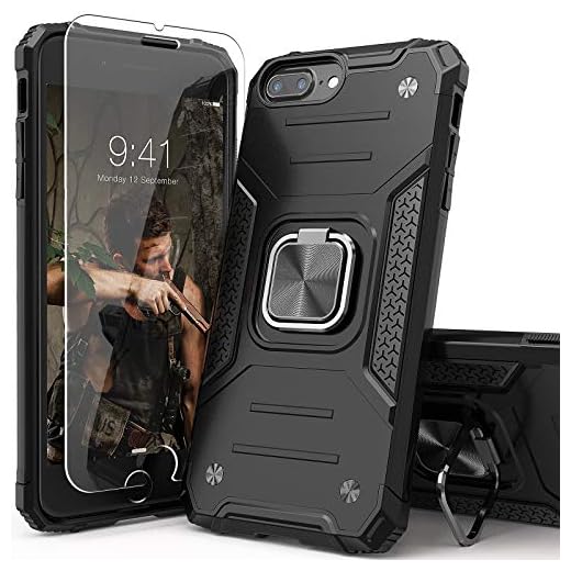 IDYStar for iPhone 8 Plus Case with Screen Protector,Shock Absorption Drop Test Cover with Car Mount Kickstand Lightweight Protective Phone Case for iPhone 8 Plus/7 Plus for iPhone 6S Plus, Black