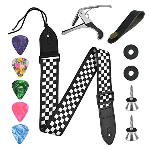 DIKEBAO 12 Pcs Kit I Correa de Guitarra Acustica, Electrica y Bajo, Strap para Colgar, Cinta Ajustable 80-137cm para + 1 Cejilla 5 Púas