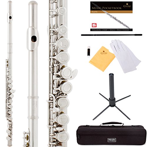 Mendini by Cecilio Premium Grade Silver Closed Hole C Flute with Stand, Book