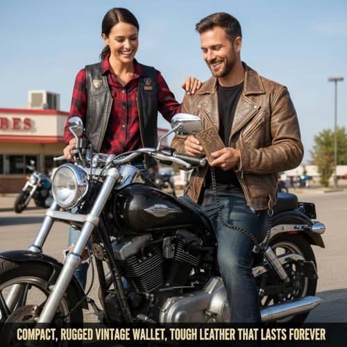 Image of F&L CLASSIC RFID Blocking Men's Tri-fold Vintage Biker Cowhide Leather Steel Chain Wallet,Snap closure, brown,eagle flag,315-101