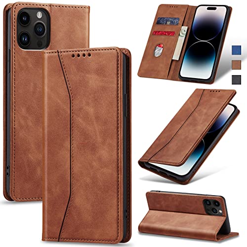 Image of Jasonyu Flip Wallet Case for iPhone 14 Pro 5G,Leather Magnetic Folio Cover with Card Holder,Kickstand - TPU Shockproof Durable Protective Phone Case,Brown