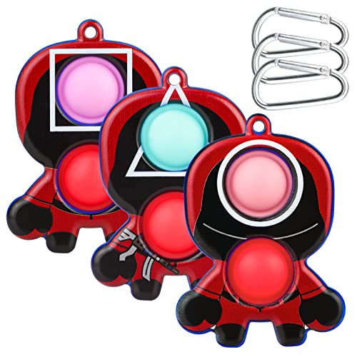 Aolcev Squid Keychain Pop Simple Fidget Toy, 3Pcs Dimple Popit Toys Round Triangle Square Desk Toy, Masked Man Games Keychain Pendant