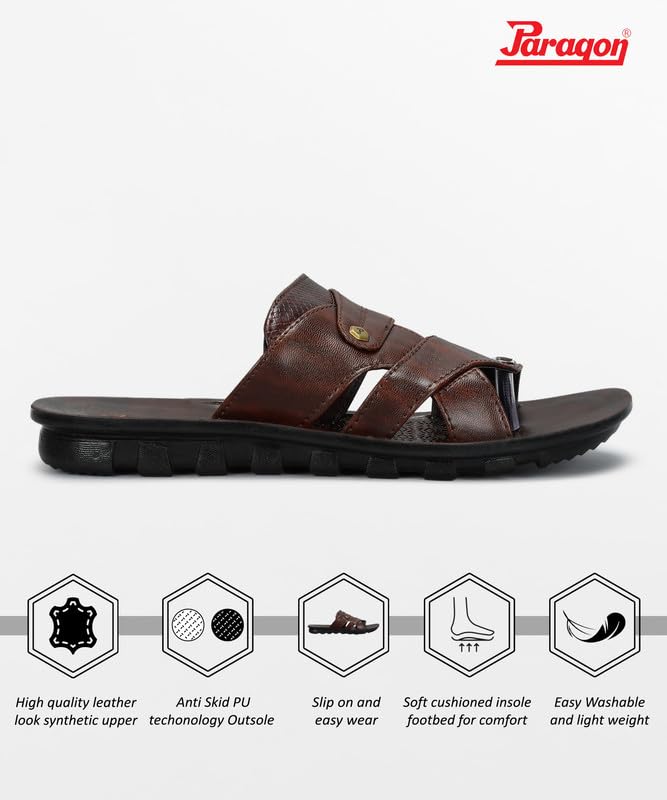 Image of PARAGON Men's Slip On Brown Sandals | Trendy Casual Slip-on Sandals with Cushioned Footbed, and Durable Construction | Perfect for Everyday Casual Wear