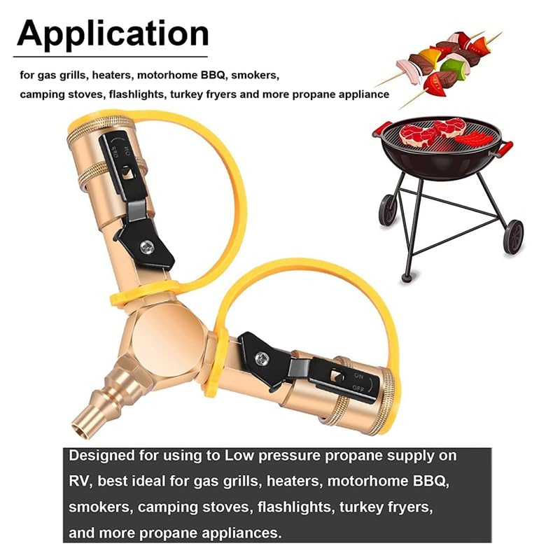 1/4 inch RV Propane Quick Connect Y-Splitter Adapter with Shutoff Valve Full Flow Plug 2 Way LP Gas Adapter for RV - (Color Name: Gold)