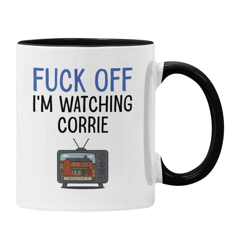 Plumfoolery I'm Watching Corrie Mug & Coaster: Funny Soap Opera Gift, Coronation Street Mothers Day or Birthday - 11oz Ceramic Coffee Cup with Optional MDF Mat (Black Mug)