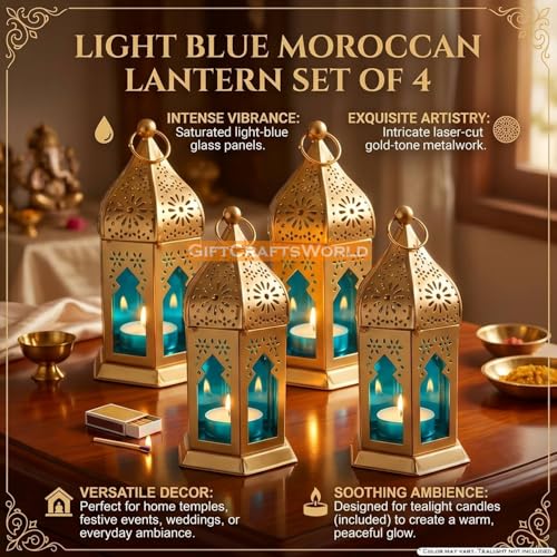 Image of Metal Antique Moroccan Lantern Hanging Vintage Style Lamp for Home Decoration Diwali Festive Light Traditional Indoor Outdoor Decor (Light Blue, Set of 4)