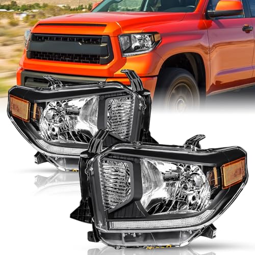 JSBOYAT Headlight Assembly Replacement for 2014 2015 2016 2017 2018 2019 2020 2021 Toyota Tundra Limited/Ltd/SR5/SR/TRD with Level Adjuster with LED DRL Black Housing Amber Reflector Pair