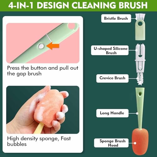 Image of Bottle Cleaning Brush 3 PCS Long Handle Bottle Brush 4 in 1 Detachable Multifunctional Sponge Bottle Brushes with Nipple Cleaning Brush and Bottle Gap Cleaner Brush (3PCS)