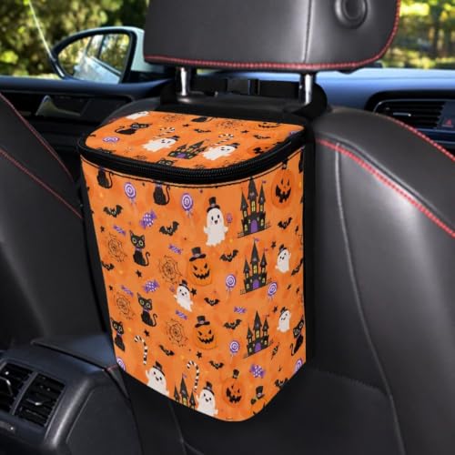 Image of Talayituse Cat Ghost Pumpkin Bat Print Car Trash Can with Lid, Leak Proof Auto Trash Bag Hanging Vehicle Garbage Can Multipurpose Storage Container for Back Seat Road Trip Halloween Decor