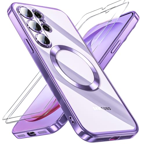 QiiStar for Samsung Galaxy S26 Ultra Case,Clear Magnetic Phone Cases with 2* Screen Protector,[Full Camera Lens Cover] for Women Girls Plating Glossy Silicone Cover for Galaxy S 26 Ultra,Purple