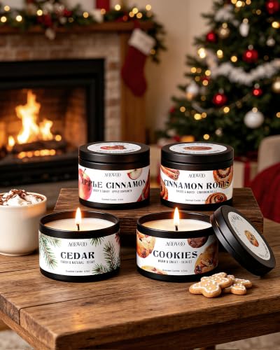 Image of AOOVOO Winter Candles Set- 4 Pack Scented Candles for Home Decor | 26oz 200 Hours Long Lasting Candle, Cinnamon Rolls, Cookies, Cedar, Apple Cinnamon Candle Gift, Non Toxic Soy Wax
