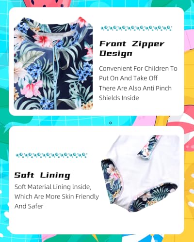 Image of Kids Girls Rash Guard Long Sleeve One Piece Swimsuits Zipper Bathing Suits UPF 50+ Tropical Plant Flowers Ages 3-12
