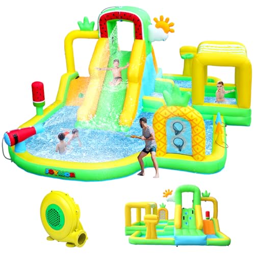 JOYMOR Inflatable Water Slide for Kids，Fruit Tropical Watermelon & Pineapple Theme Inflatable Water Park with Shaded Splash Pool, Dual Slides & Games –Backyard Summer Fun for Ages 3-8