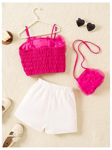 Image of MakeMeChic Girl's 2 Piece Outfits 3D Floral Shirred Cami Top and Bow Knot Shorts Set with Bag