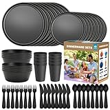 40-Piece RV Camping Dinnerware Set (Service for 8), Microwave Safe Plates and Bowls Set with Cutlery, Lightweight & Unbreakable Plastic Dishes - The Perfect Melamine Alternative (Black)