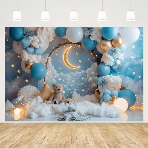 MEHOFOND Telón de fondo de cumpleaños para niños de 7 x 5 pies, color rosa y azul, arco de globos, oso, luna, estrellas, fondo de fotografía, decoración de fiesta de cumpleaños para recién nacidos,