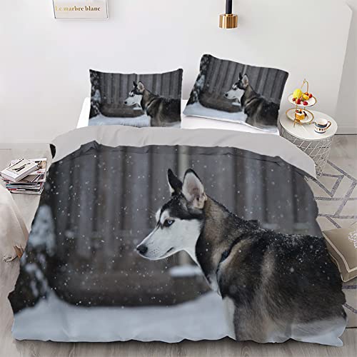 Housse de couette 140x200 huskies gris microfibre 110g/㎡ douce avec zip - 2