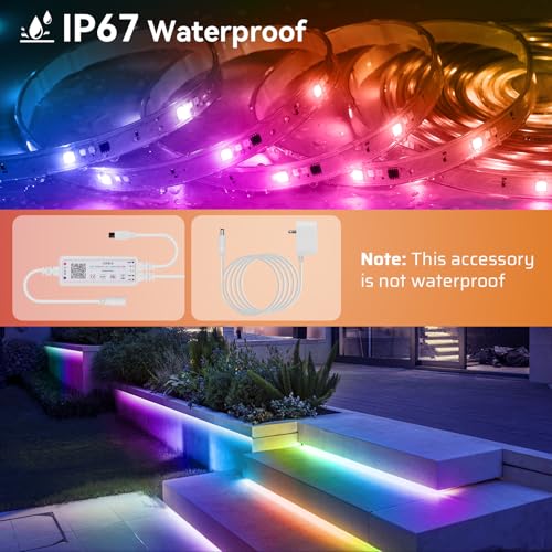 Image of 50Ft Outdoor RGBWW+IC LED Strip Lights, IP67 Waterproof Multi-Colored+3000K-6500K 24V LED Lights with Remote and APP, Music Sync Color Changing LED Tape Lights,DIY Strip Lighting for Courtyard Garden