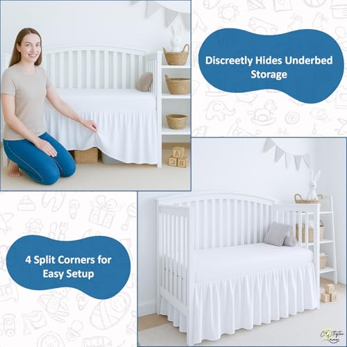 Image of Cottignton Lane Ruffled Crib Bed Skirt, Soft Nursery Bedding in 100% Natural Cotton, Platform Style with 4-Sided Coverage & Split Corners - Fits Standard Cribs 28 inch x 52 inch with 14 inch Drop, White