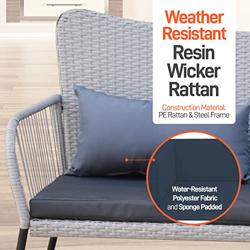 SereneLife 4 Piece Conversation/Chat Set, Outdoor Living Rattan Furniture, Includes 1 Double & 2 Single Chairs with Cushion & 1 Glass-top Coffee Table (Light Grey)