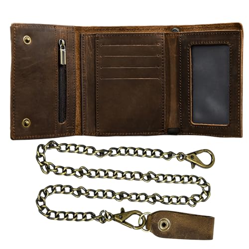Men's Tri-fold Vintage Biker Cowhide Top Grain Leather Steel Chain Wallet, Chain Wallets for Men Cow Leather Wallet, Snap Closure