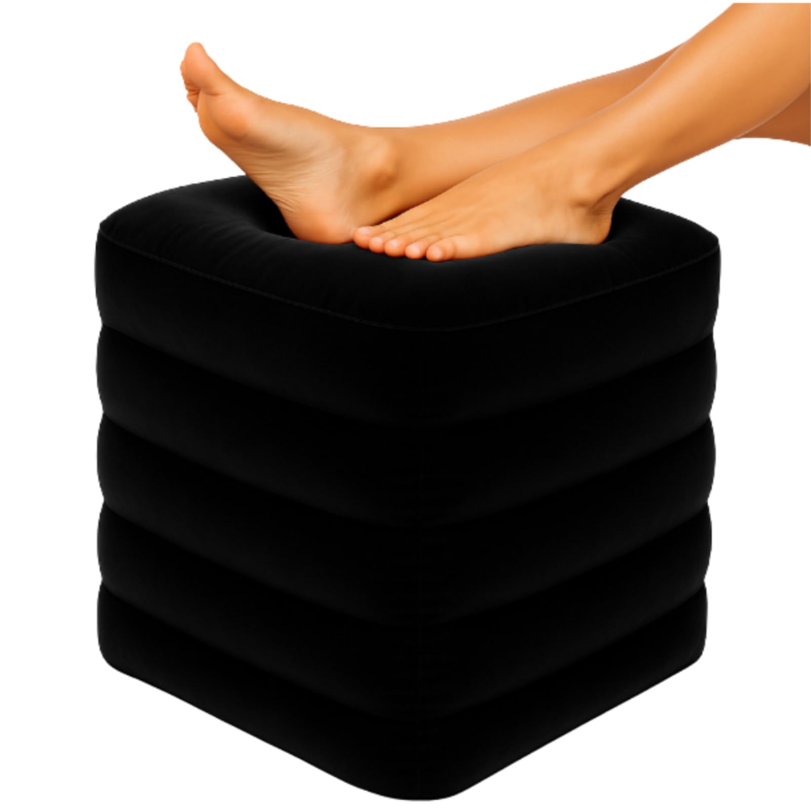 Inflatable Ottoman Travel Foot Rest - Foot Pillow for Office Desk, Car, Chair, Airplane - Leg Elevation Cushion with Bag and Hand Pump - for Kids, Adults - Adjust Height and Firmness