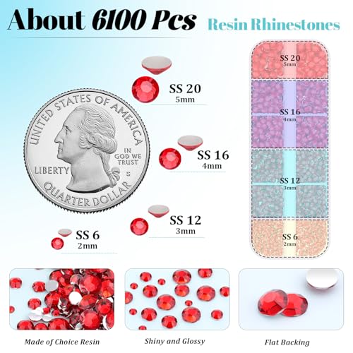Image of 6100Pcs Resin Red Rhinestones for Bedazzling with 2Pcs 10ml B7000 Jewelry Glue, 1 Box Flatback Gems Crystals Diamonds for Makeup Crafting Nail Art