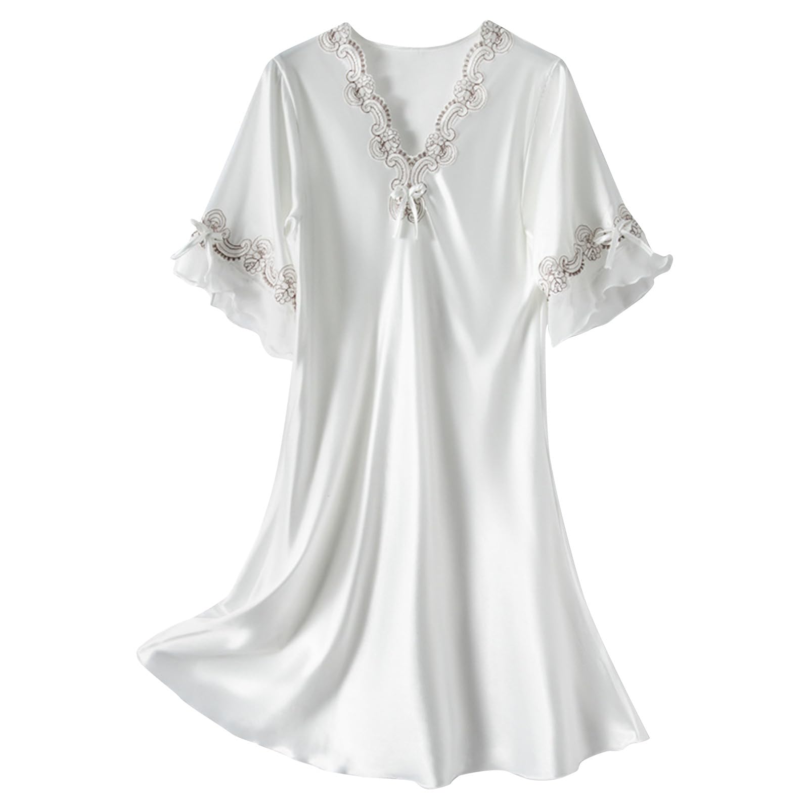 Satin Nightgowns for Women Knee Length Silk Nightdress Vintage Lace Chemise Half Sleeve Loose Soft Sleepwear