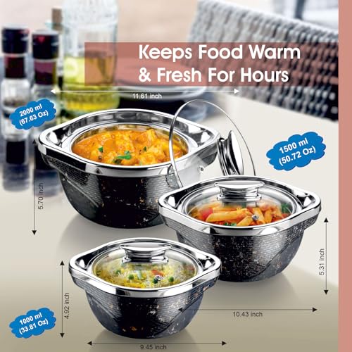 Image of Signoraware Royal Bliss BPA Free Plastic Casserole Set| Inner Steel & Outer Plastic| Safe & Durable Gifting Set| Ideal for Storing Chapatti, Rice & Curries (1L+ 1.5L+ 2L| Setof3| Black)