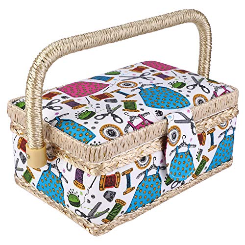 Sewing Basket with Rose Floral Print Design,Sewing Kit Storage Box with Removable Tray,Sewing Accessories Storage and Organizer Case,Handmade Sewing Basket Thread Needle Storage Bo
