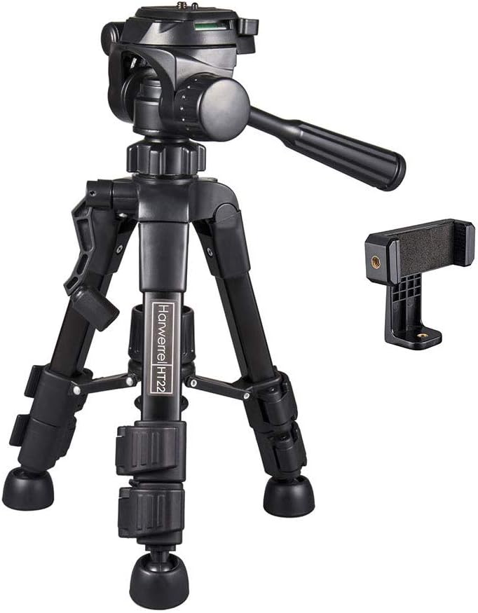 Mini Tripod - Harwerrel Tabletop Desktop Travel Tripod with 3-Way Pan Head Aluminum Legs Lightweight Portable for DSLR Camera Smartphones DV Projector Spotting Scope (with Free Phone Holder) (Black)