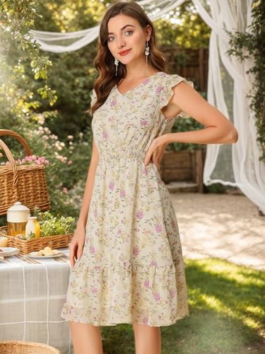 Image of Allegra K Women's Floral Dress Spring Summer V Neck Flutter Sleeve Ruffle Casual Smocked Knee Length Dresses