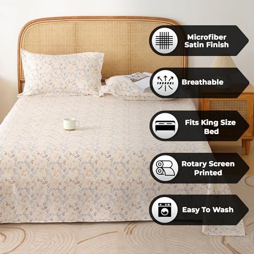 Image of Story@Home King Size Bedsheet | Air Cotton Flatsheet King Size with Two Pillow Covers| 240 TC | Super Soft Bed Sheet for King Size Bed | Floral Design (270 x 250 cm, Creame & Blue)