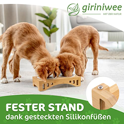 giriniwee Qualitäts Futter Bar mit Zwei super flachen 250ml Porzellannäpfen im Bambusgestell, erhöhte Doppelschale für Katzen, Kitten, kleine, Mini oder Zwerghunde, Toy Dogs & andere kleine Haustiere