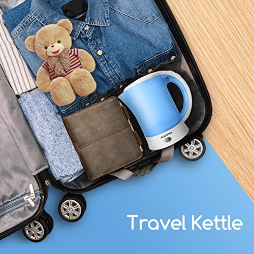 Aigostar Small Travel Kettle Electric, 650W 0.6 Litre Lightweight Kettle, Low Wattage Mini Portable Kettle with 2 Cups and 2 Spoons for Seniors Elderly Camping Bedroom, Fast Boil BPA Free, Blue
