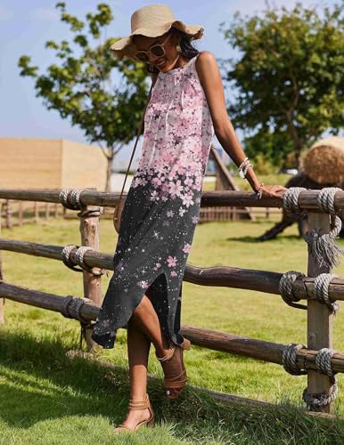 Image of Zeagoo Women Floral Summer Casual Beach Printed Tank Dress with Pockets Pleated Front Long Dress