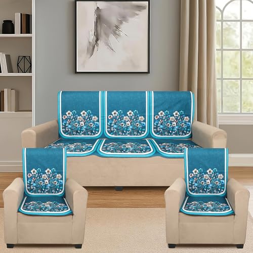 Image of Velvet 3 Seater Sofa Cover with 6 Seat and Back Covers - Floral Design - Washable Fabric - Stylish Sofa Cover for Modern Living Room (Aqua, 3 Seater Without Arm Cover)