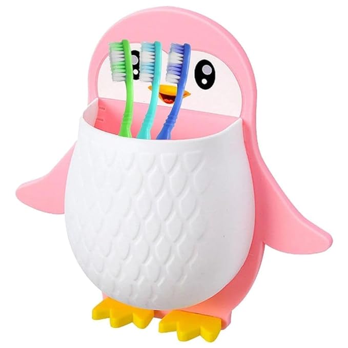 UCRAVO PACK OF 1 Penguin Wall Mounted Toothbrush Holder-MULTI Self-Adhesive Multi-Purpose Storage Rack for Makeup Tools, Pens, Kitchen Utensils, and Bathroom Essentials No Drilling Required, Plastic