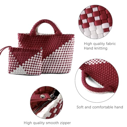 Image of Woven Bag for Women, Neoprene Tote Bag Summer Beach Handbag Purse Retro Handmade Travel Shoulder Bag Set