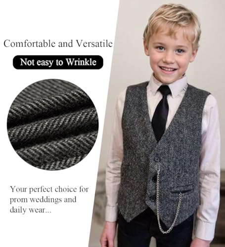 Boy's Tweed Formal Suit Vest, Herringbone Outfit for Toddler Kids Ring Bearer Pageboy Wedding Formal Herringbone Outfit4
