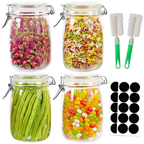 Jars with Airtight Lids, 32oz 4pcs Airtight Jars and Leak Proof Rubber Gasket, Wide Mouth Glass Jars with Hinged Lid for Preserving, Decorating, Kitchen Canisters, Food Storage