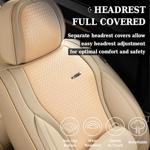 Image of Coverado Car Seat Covers Full Set, Beige Seat Covers for Cars, Waterproof Nappa Leather Automotive Seat Covers with Lumbar Head Pillow, Car Seat Protectors, Universal Fit for Most Cars SUV