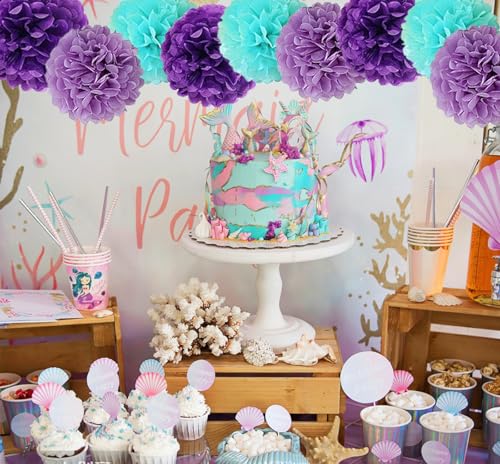 Image of Tissue Paper Pompoms Paper Flower 12 Pcs Purple,Blue Light Purple,Paper Flower Ball for Birthday Party Baby Shower Bridal Shower Party Decoration