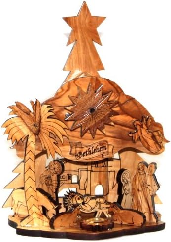 Holy Land Market Musical Olive Wood Nativity Carved by Laser with Incense from Jerusalem (20 cm or 8 inches)