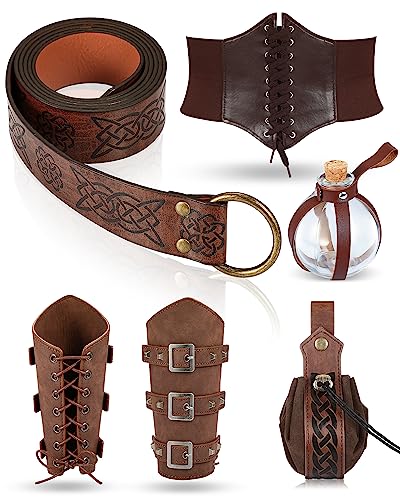 Ramede 6 Pcs Women Renaissance Accessories Medieval Leaf Leather Belt Pouch Viking Corset Belt Potion Bottle Leaf Arm Guards