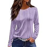 Women's Fashion Casual Slit Hem Round Neck Long Sleeve Loose Printed T-Shirt Ladies Top Purple L